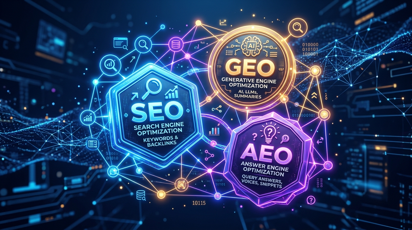 SEO, GEO y AEO: qué significa cada uno y por qué ya no alcanza con uno solo